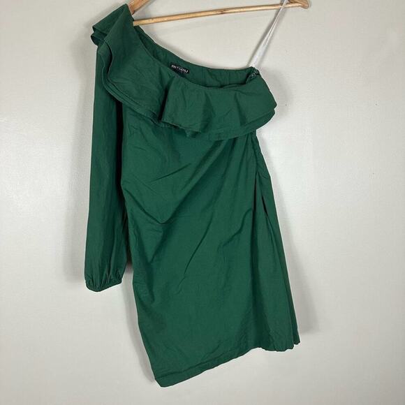 J. Crew Green Cotton Blend One Shoulder Long Sleeve Poplin Ruffle Dress - Picture 2 of 6